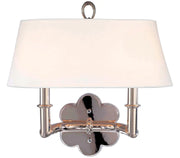 Hudson Valley Pomona sconce with a broad white shade and scalloped polished-nickel backplate
