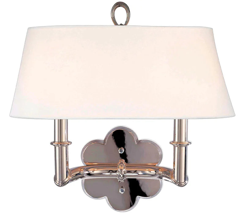 Hudson Valley Pomona sconce with a broad white shade and scalloped polished-nickel backplate