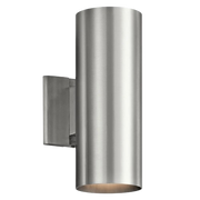 Kichler brushed aluminum cylindrical wall light on a compact rectangular backplate.