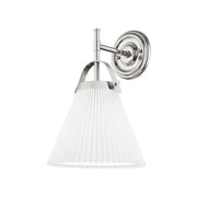 Angled view of Hudson Valley Aldridge nickel wall sconce with a downward pleated shade and arched support