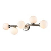 DVI Alouette DVP34543 vanity light with five opal globes staggered around a horizontal bar.