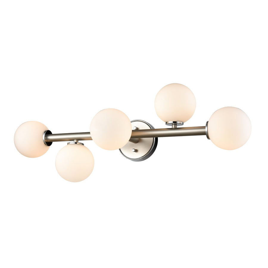 DVI Alouette DVP34543 vanity light with five opal globes staggered around a horizontal bar.