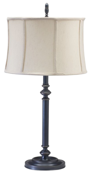 House of Troy Coach CH850-OB table lamp with a turned bronze column, round base and off-white shade.