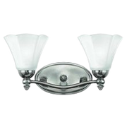 Hinkley Bloom polished antique nickel vanity light with two petal-like white shades.