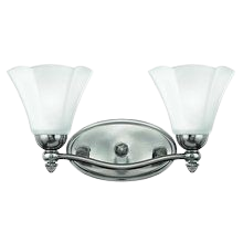 Hinkley Bloom polished antique nickel vanity light with two petal-like white shades.