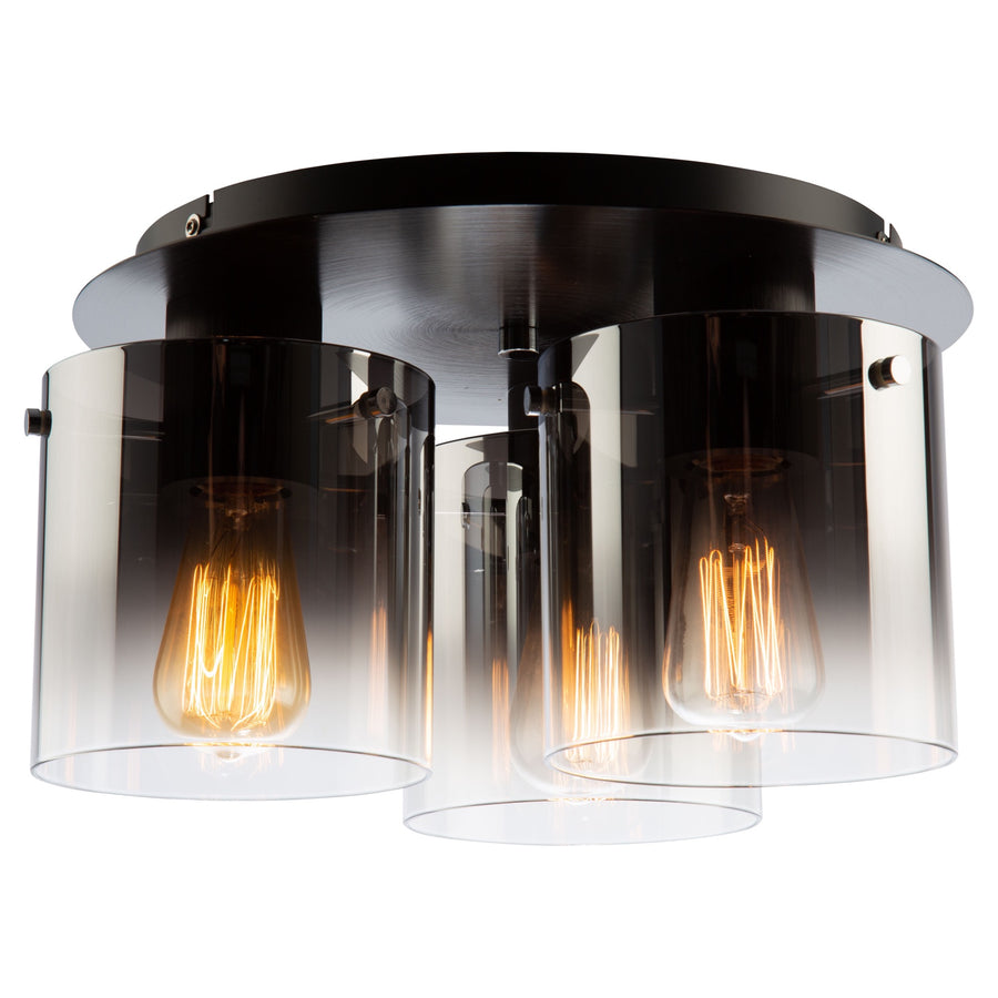 Low-angle view of Artcraft Henley black flush mount with three smoke-fade glass cylinders and exposed bulbs