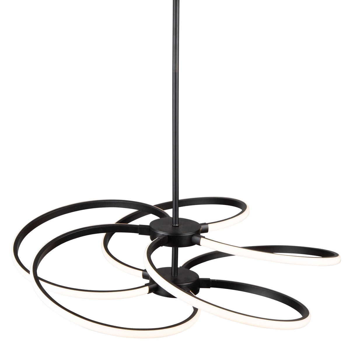 Oblique view of Artcraft Equinox AC7688BK curved black arms around two central hubs