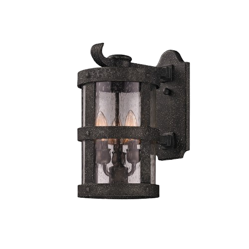 Troy Lighting Barbosa wall lantern with a cylindrical clear enclosure, textured bands and a curled accent