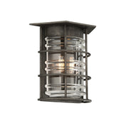 Troy Brunswick B3792 aged-pewter wall sconce with open cage and ringed clear glass