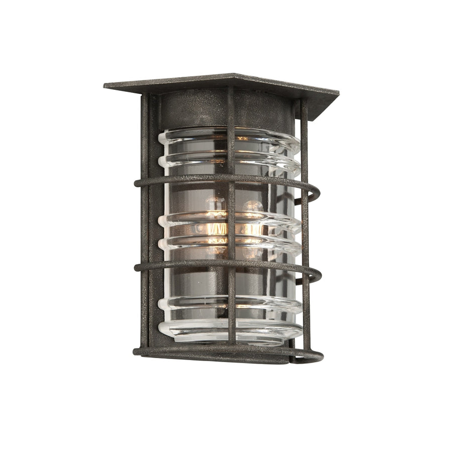 Troy Brunswick B3792 aged-pewter wall sconce with open cage and ringed clear glass