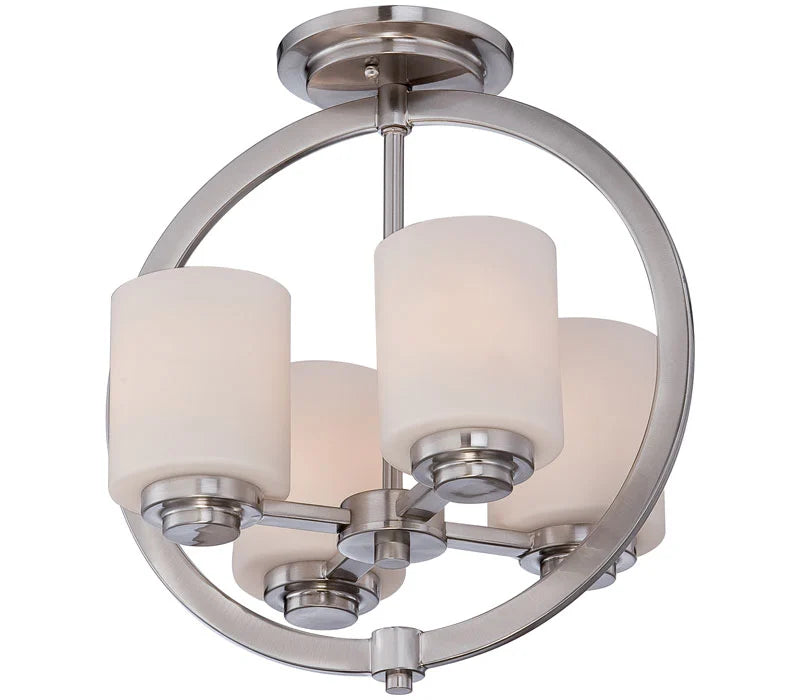Quoizel Celestial CD1714BN semi-flush light with four white cylindrical shades inside a brushed nickel ring