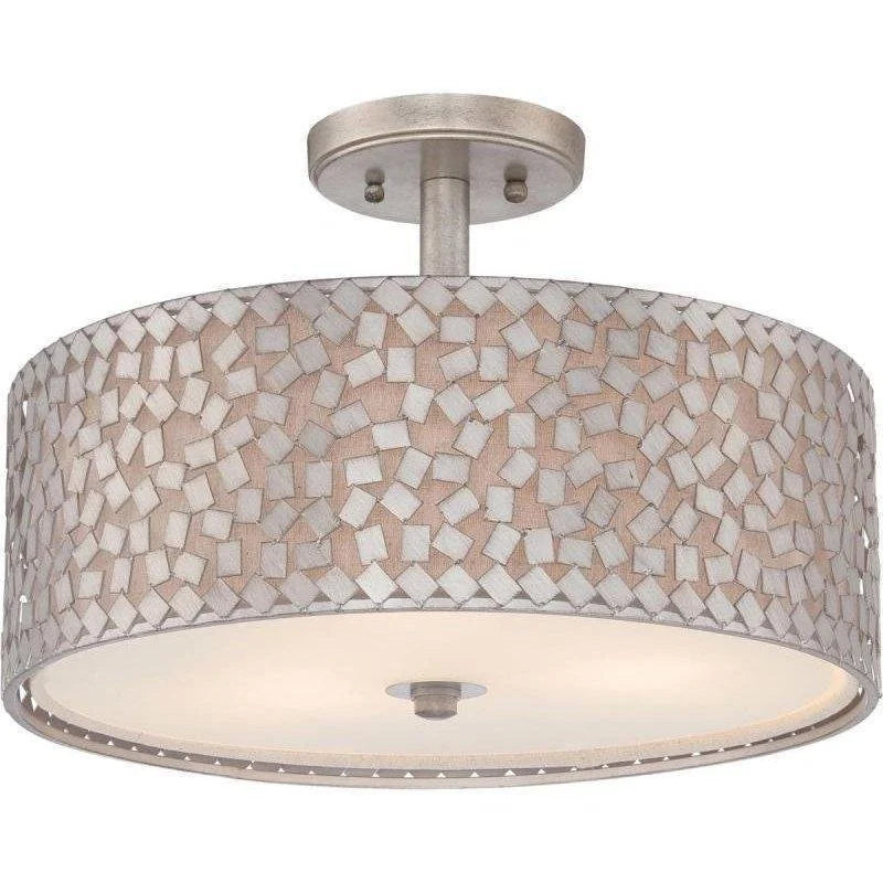 Quoizel Confetti Old Silver semi-flush ceiling light with a metallic-chip drum and frosted bottom diffuser