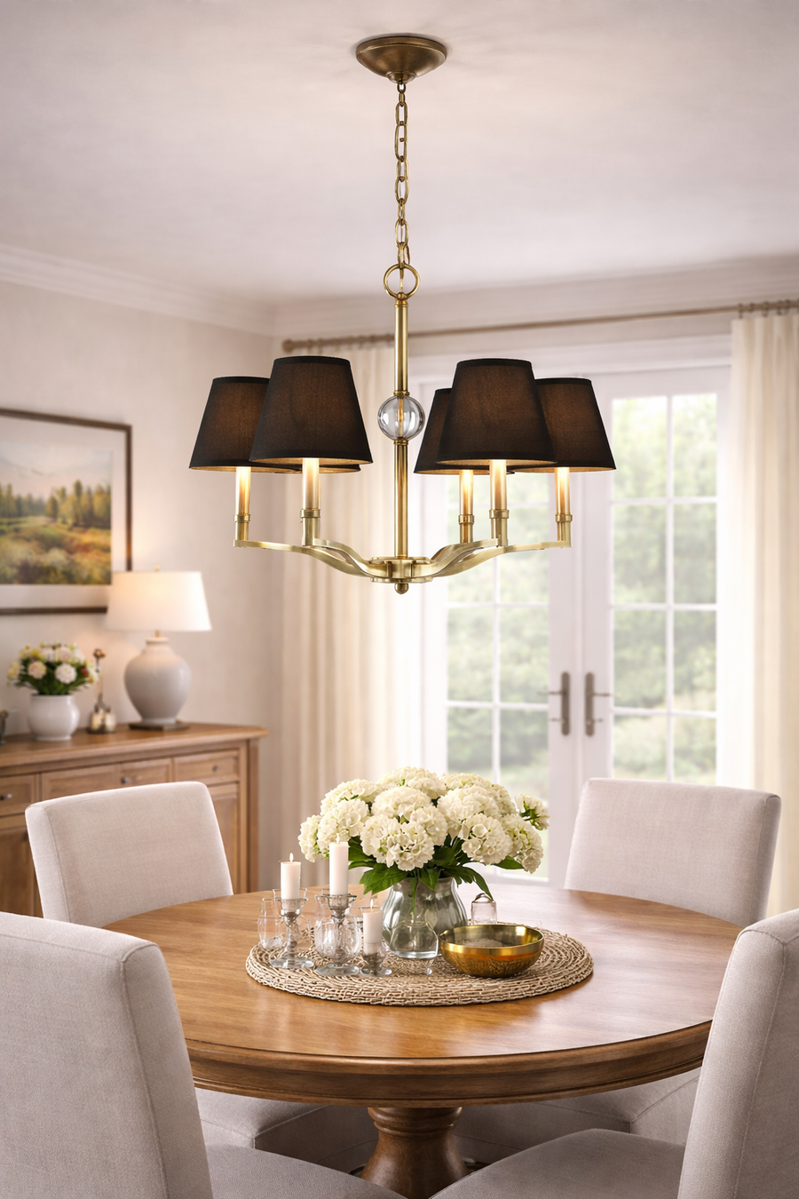 Waverly 5-Light 1-Tier Chandelier – Golden Pewter With Black Shades