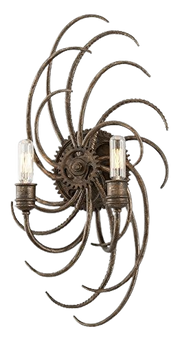 Troy Lighting Revolution wall sconce with a wheel-like centre, curved bronze spokes and two exposed bulbs