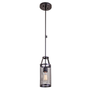 Gastown pendant with a mesh-like cylindrical cage, flat bands and a long suspension stem.