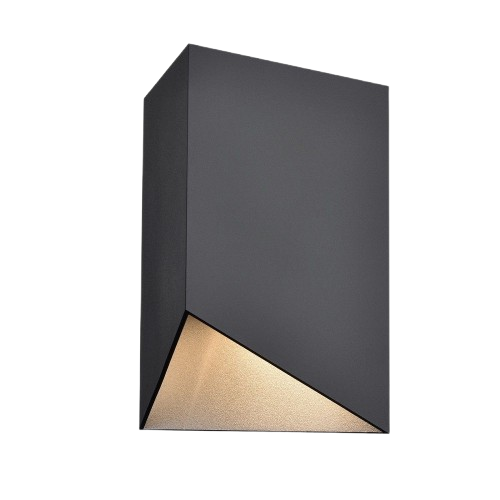 Brecon black wall light with a rectangular enclosure and triangular lower opening.