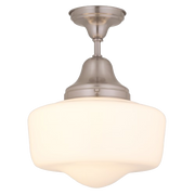 DVI Schoolhouse light with a white globe and short satin-finish stem