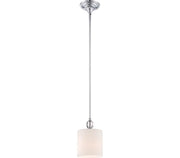 Quoizel Downtown DW1506C pendant with white cylindrical shade, long chrome stem and small open orb detail