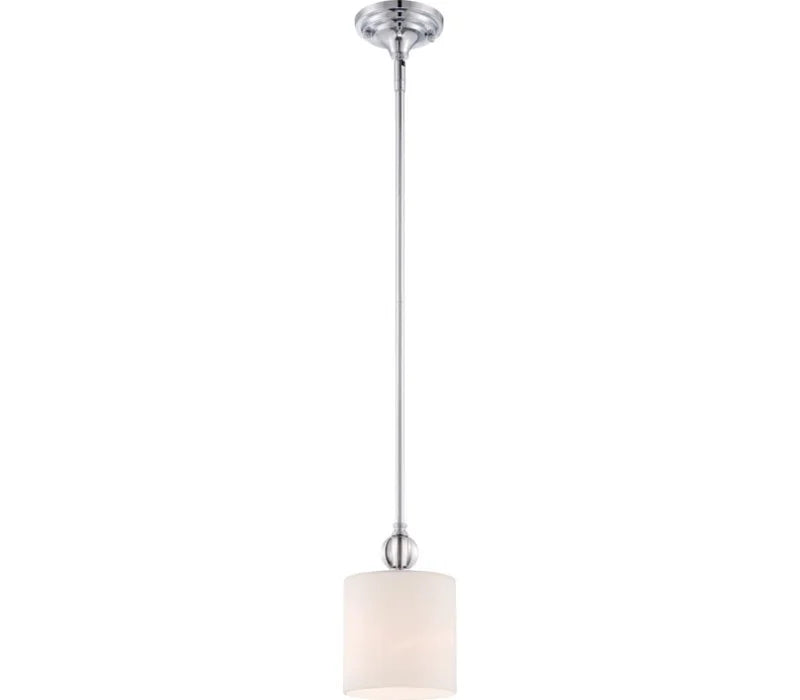 Quoizel Downtown DW1506C pendant with white cylindrical shade, long chrome stem and small open orb detail