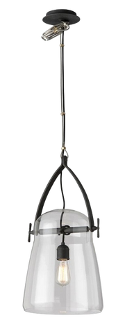 Troy Silverlake pendant with a clear bell shade, dark arched frame and one exposed bulb