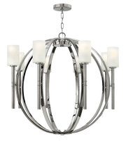 Hinkley Margeaux polished nickel chandelier with an open spherical frame and white cylindrical shades.