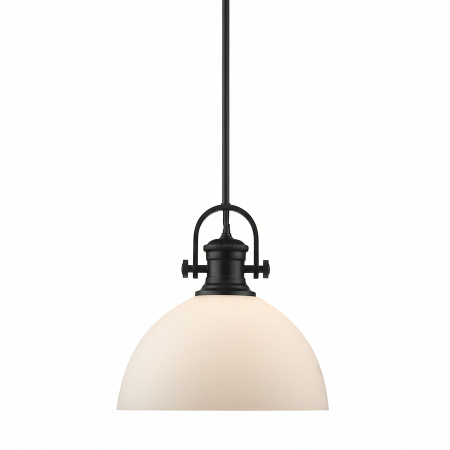 Golden Lighting Hines 1-Light Medium Hanging Pendant – Black Finish With Opal Glass Bowl