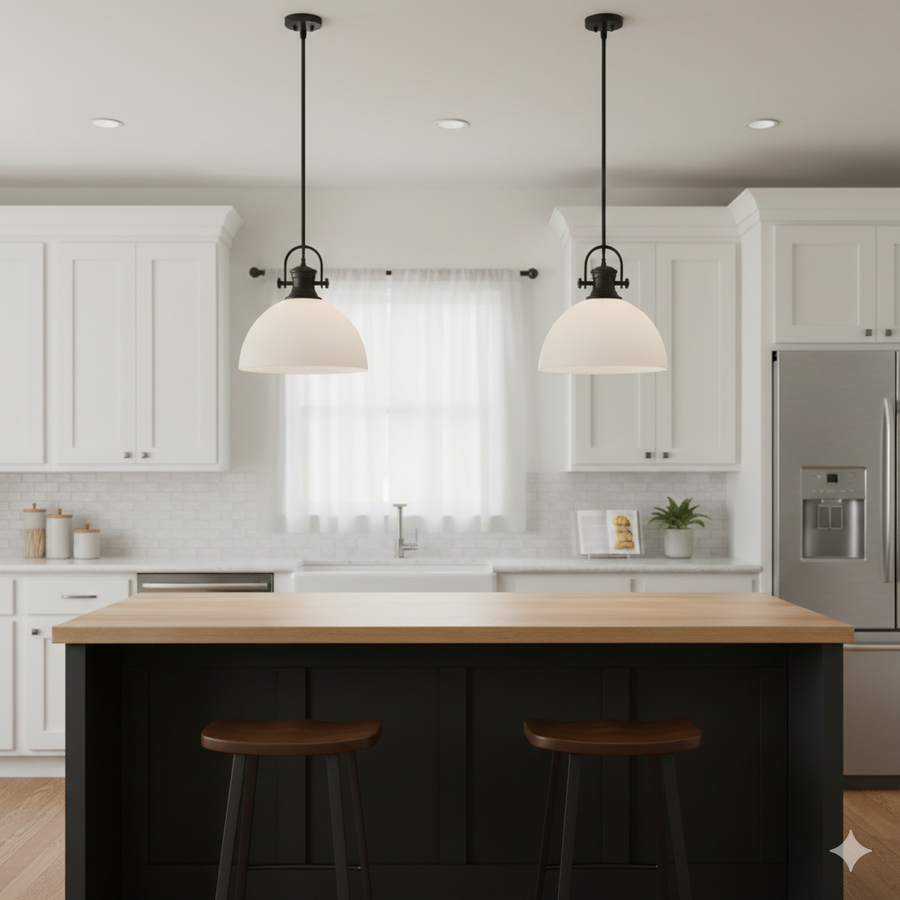 Golden Lighting Hines 1-Light Medium Hanging Pendant – Black Finish With Opal Glass Bowl