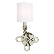 Hudson Valley Pawling wall sconce with a white cylindrical shade and looping polished nickel ornament.