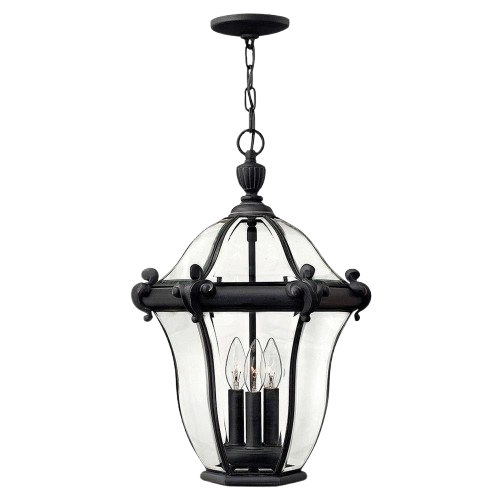 Hinkley San Clemente black hanging lantern with bowed clear panels and three candle lights