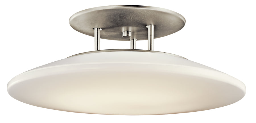 Kichler Ara semi-flush ceiling light with a broad white saucer below brushed nickel canopy and short supports