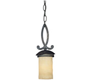 Quoizel La Parra LP1505IB pendant with warm cylindrical glass, dark peaked cap and decorative scroll loop