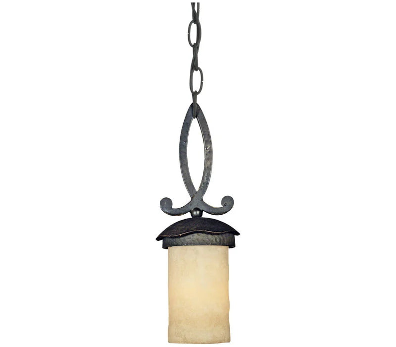 Quoizel La Parra LP1505IB pendant with warm cylindrical glass, dark peaked cap and decorative scroll loop