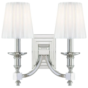 Metropolitan Aise N2661-613 wall sconce with two pleated white shades, curved arms and stepped nickel backplate