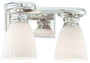 Metropolitan vanity light with two fluted pale shades, a bowed arm and polished nickel backplate