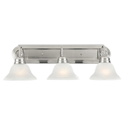 Satin-nickel-coloured vanity light with three downward white bell shades and gooseneck arms.
