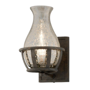 Troy Chianti B3591 wall sconce with a mottled hurricane-shaped shade and textured pewter frame