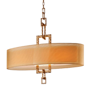 Troy Link pendant with a warm oval drum shade and Bronze Leaf rectangular-link suspension