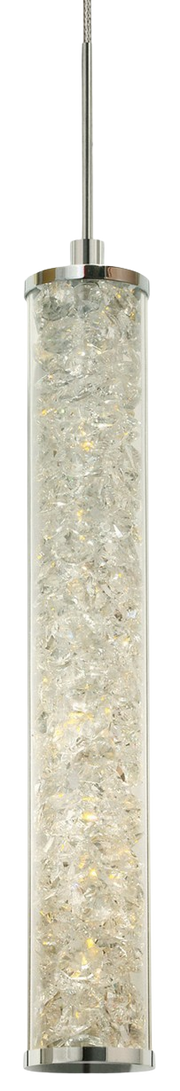Narrow sparkling clear cylinder pendant with reflective end rings and partially shown suspension.