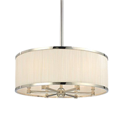 Hudson Valley Hastings chandelier with a pale drum shade, Polished Nickel rims and radial arms