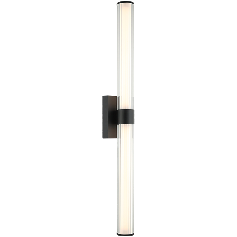 Matteo Macie S06432BK vertical vanity light with ribbed clear glass, white diffuser and black centre cuff