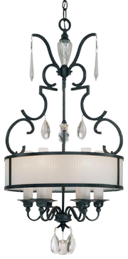 Metropolitan Castellina drum fixture with dark scrolling metalwork and hanging crystal accents