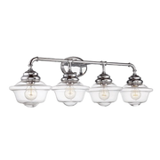 Savoy House Fairfield chrome bath bar with four clear schoolhouse shades
