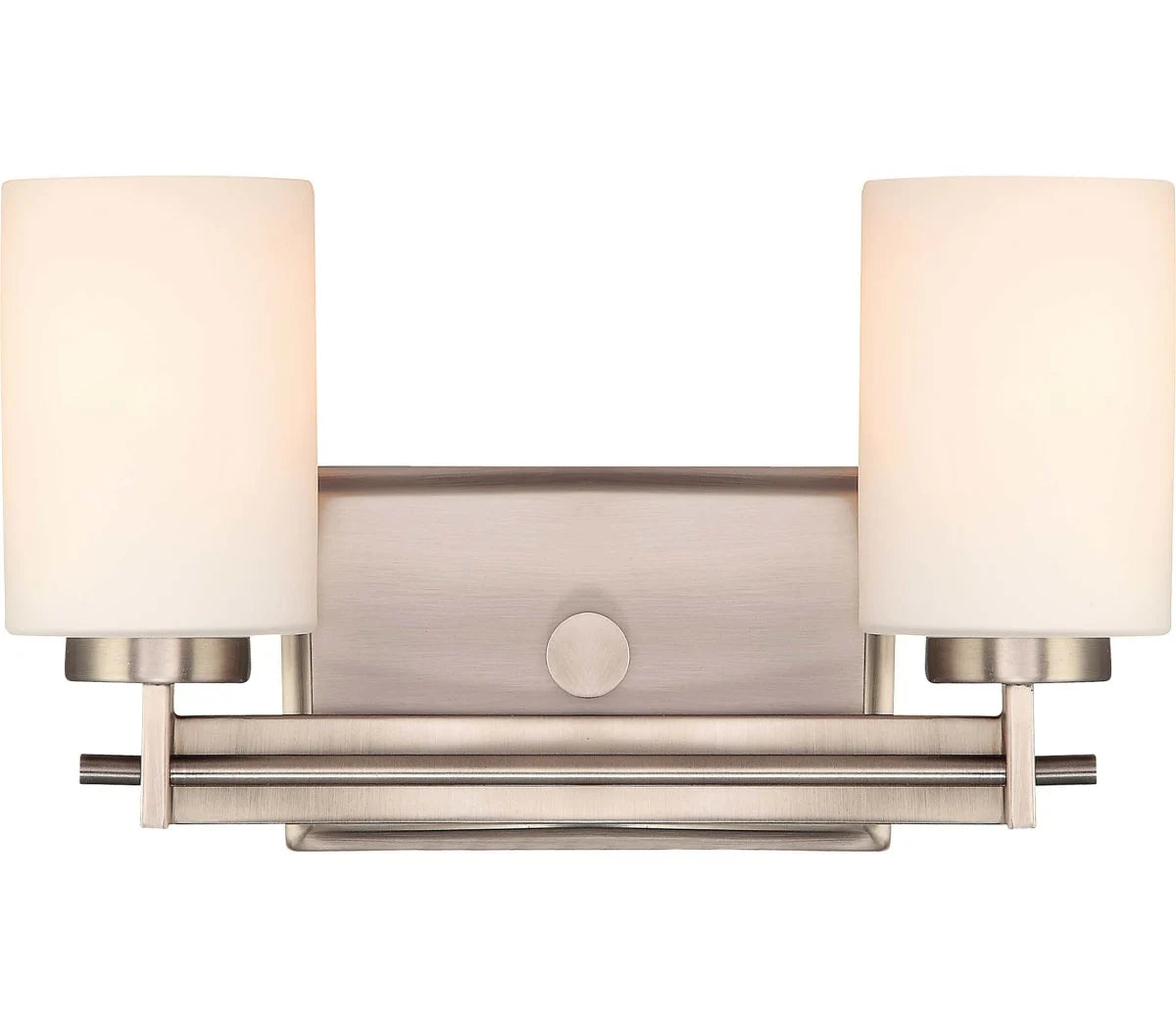 Quoizel Taylor TY8602AN vanity light with two white cylindrical shades and an Antique Nickel double rail