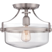 Quoizel Penn Station semi-flush light with a clear bowl, nickel-coloured band and curved supports