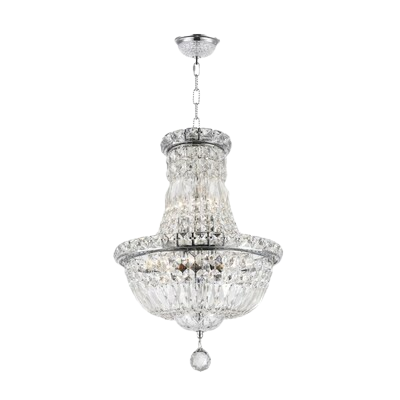 Empire chandelier with clear faceted strands, chrome bands and a lower drop