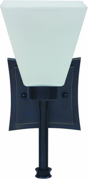 Wall sconce with a flared square white shade, dark bronze stem and shaped square backplate.