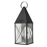 Hinkley York black lantern with a pointed roof and crossed panel bars