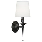 Robert Abbey Cedric Z388 wall sconce with a tapered white shade, dark round backplate and long pointed finial