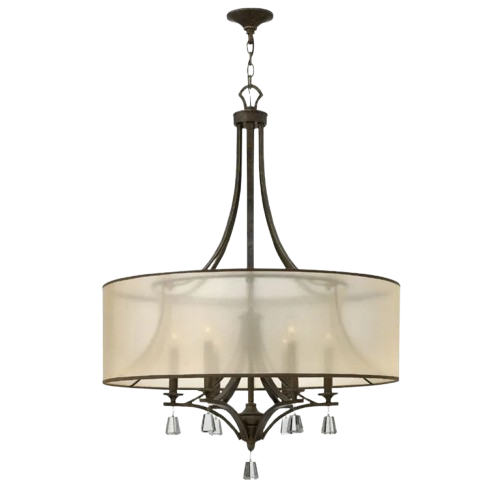 Fredrick Ramond Mime chandelier with a sheer double drum shade, French Bronze frame and clear hanging accents