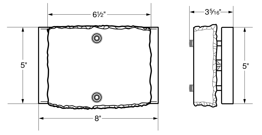 Front and side dimension drawing of the rectangular Baroma wall light with rippled-edge panel.